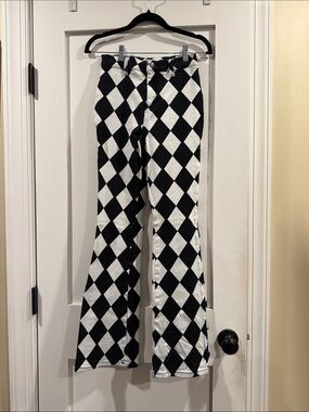 Motel Rocks Black & White Harlequin Flare Jeans